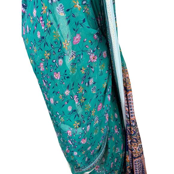 Green Brown Long Scarf Silk Floral Around Neck Rectangle Shaped Regular Fit - Picture 5 of 6